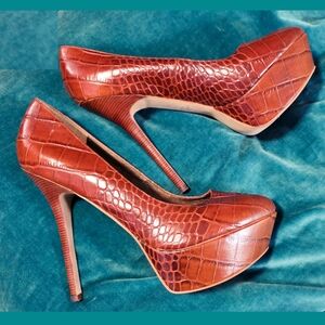 Sam Edelman - 'Niland' Cognac  Croc-Patterned Leather Peep-Toe Platform Heels